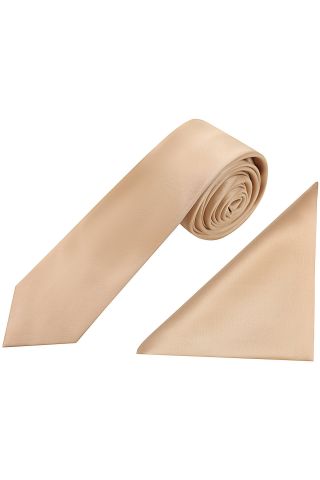 Plain Pastel gold satin classic mens tie & pocket square set 