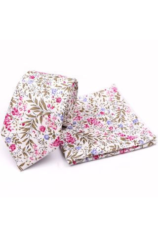 Fuchsia floral cotton classic mens tie & pocket square set
