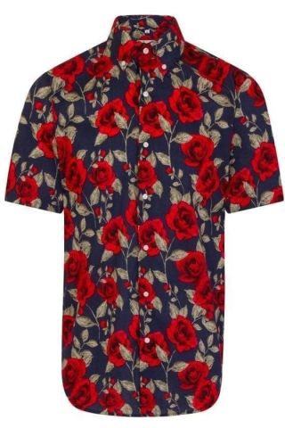 Navy Rose Print Regular Fit Short Sleeve Shirt