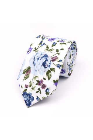Blue floral flower printed cotton tie