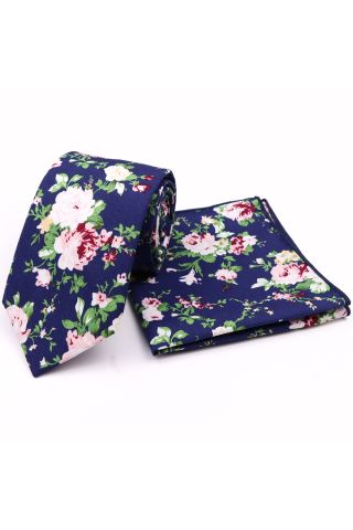 Navy & Green floral cotton classic mens tie & pocket square set