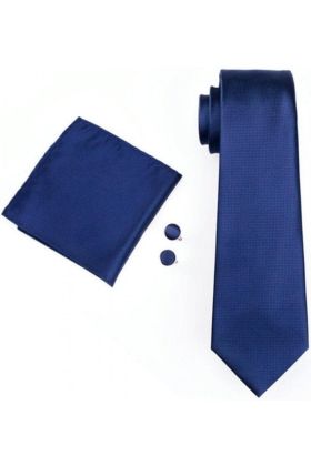 Mens Plain Navy 100% silk pocket square, Cufflink and tie set 
