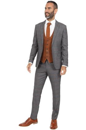 Marc Darcy Jenson Grey Three Piece Suit with Contrast Kelvin Tan Waistcoat  
