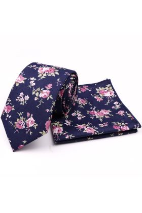 Navy & Pink floral cotton classic mens tie & pocket square set 