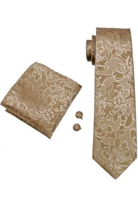 Gold floral silk neck wedding tie, pocket square & cufflink set 