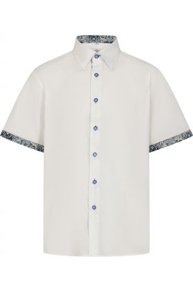 White with Blue Paisley Trim Short Sleeve Shirt 