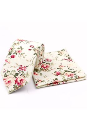 Peach floral cotton classic mens tie & pocket square set 