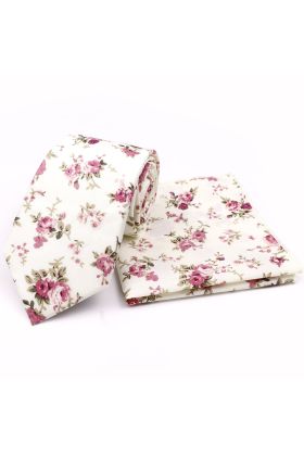 Pink floral cotton classic mens tie & pocket square set 