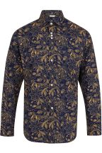 Navy & Gold Paisley Floral Print Regular Fit Cotton Shirt 