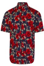 Navy Rose Print Regular Fit Short Sleeve Shirt 