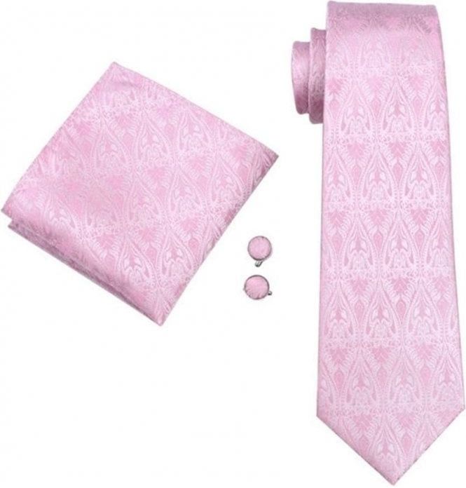 Baby pink paisley silk wedding tie, pocket square & cufflink set