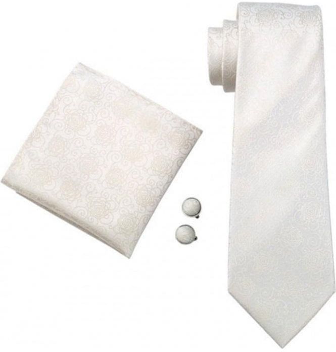 white, ivory & gold paisley silk wedding tie, pocket square & cufflink set