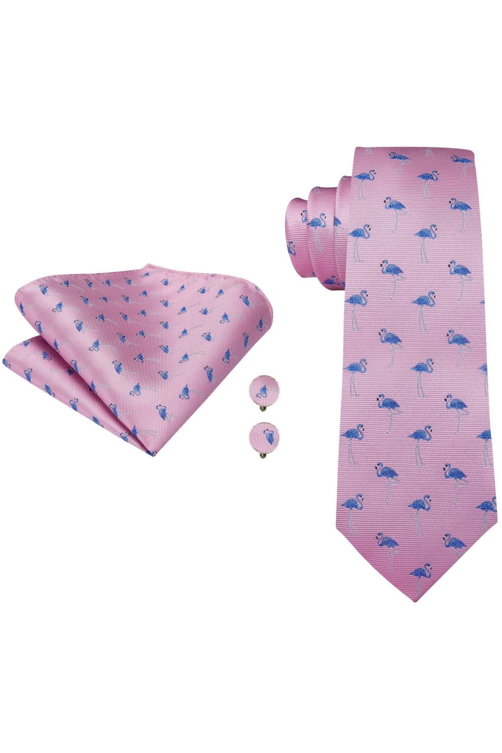 Pink & Blue Flamingo tie pocket square cufflink set 