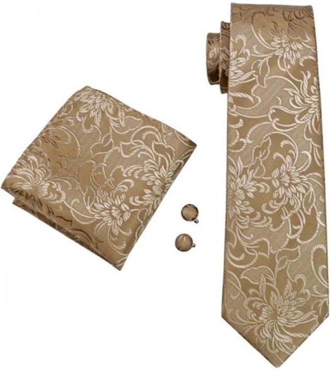 Gold floral silk neck wedding tie, pocket square & cufflink set