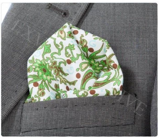 Mens Green and White Floral Paisley Cotton Pocket Square