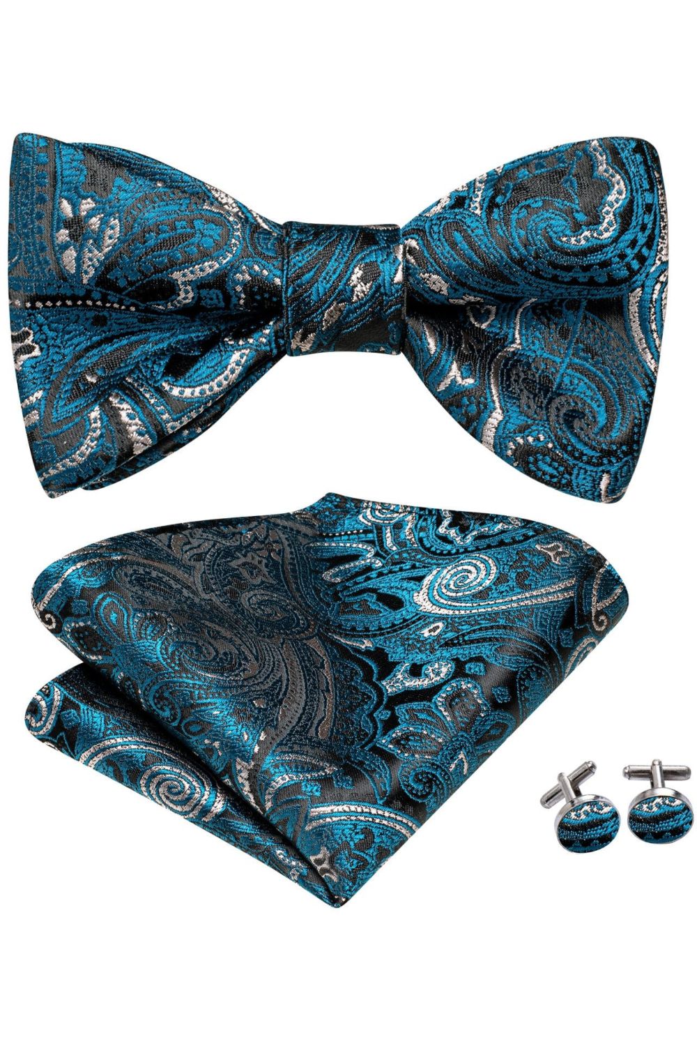 Turquoise Paisley Self Tie Bow Tie, Cufflink And Handkerchief Set