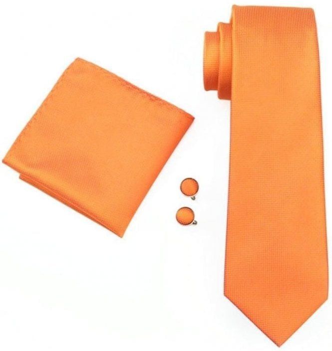 Mens Plain orange 100% silk pocket square, Cufflink and tie set