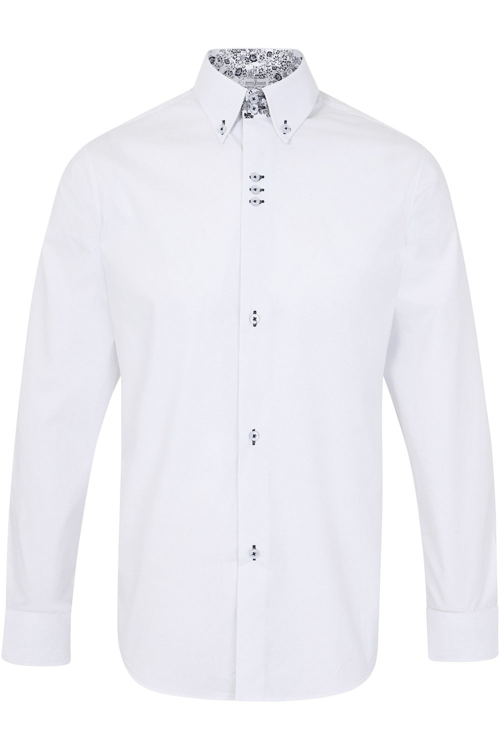  White Regular Fit 100% Cotton Shirt with Navy Button Down Collar