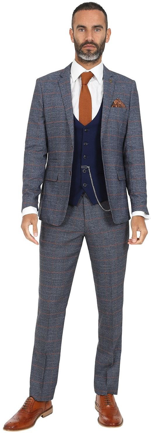 Marc Darcy Jenson Sky Check Three Piece Suit with Contrast Kelvin Royal Waistcoat