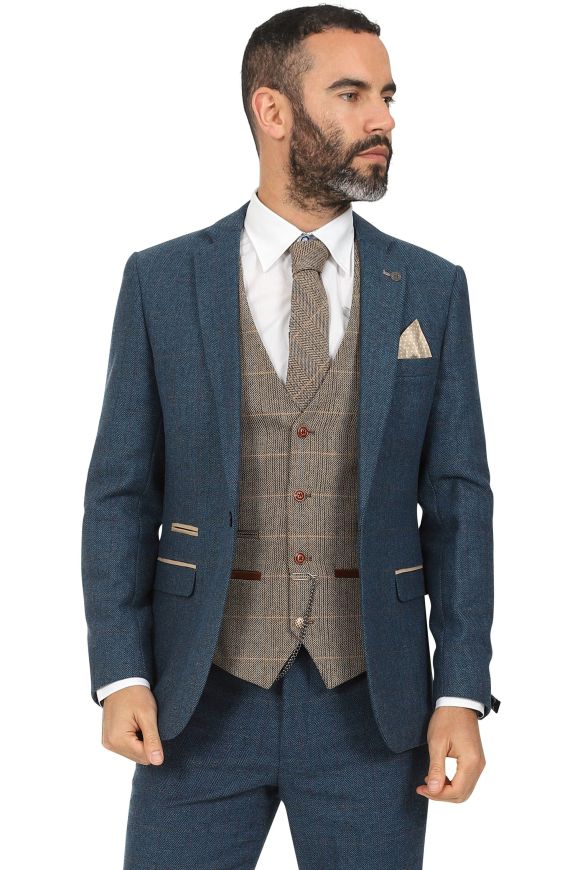 Marc Darcy Dion Blue Three Piece Tweed Suit with Contrasting Ted Single Breasted Waistcoat