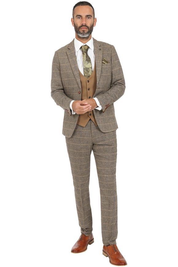 Marc Darcy Ted Tan Check Tweed Three Piece Suit with Contrast Kelvin Oak Waistcoat