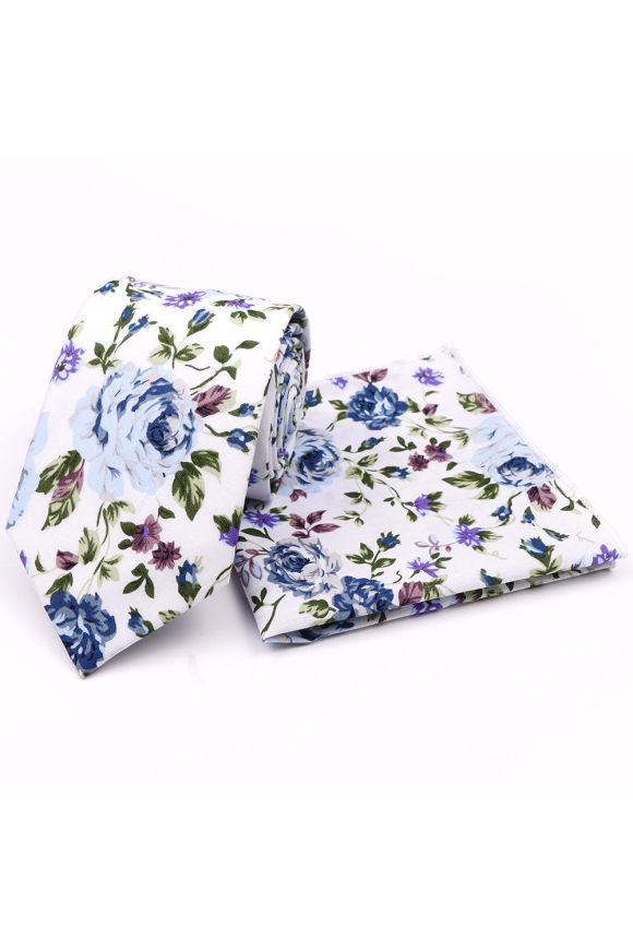 Blue floral cotton classic mens tie & pocket square set