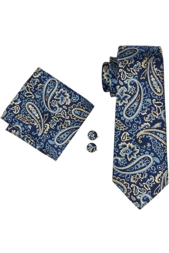 Mens Teal Paisley 100% silk pocket square, cufflink and tie set