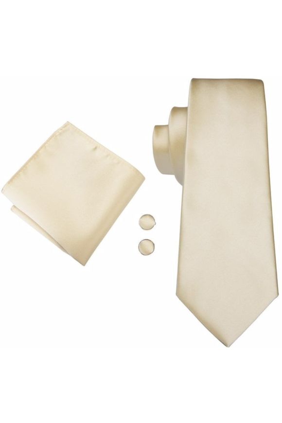 Plain champagne pocket square, Cufflink and wedding tie set