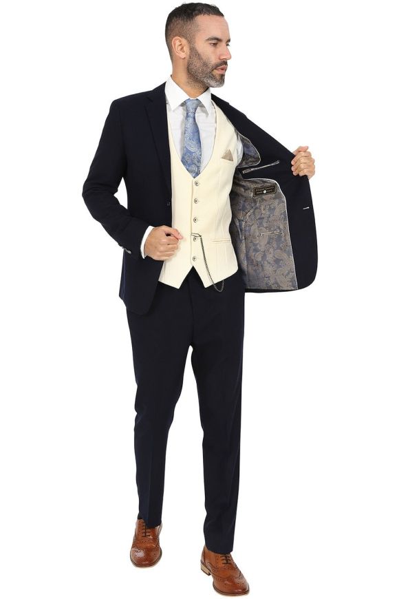 Jenson Samuel Alnwick Navy Suit with Contrast Kelvin Cream Waistcoat