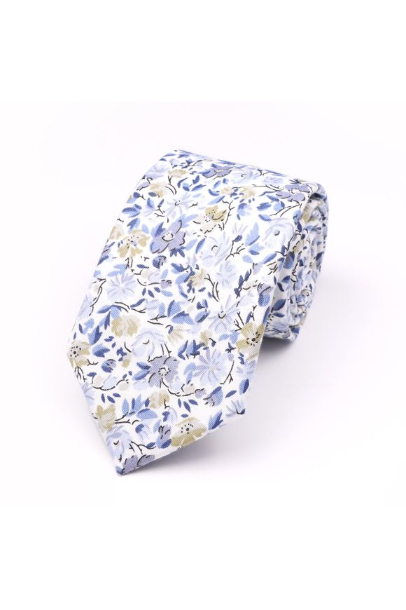 Dusky Blue floral cotton classic mens tie & pocket square set