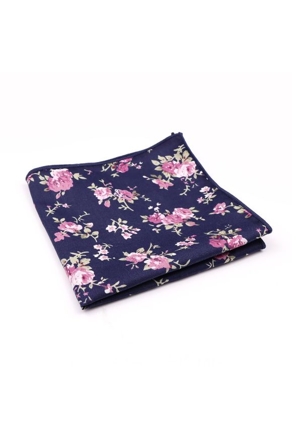 Navy & Pink floral cotton classic mens tie & pocket square set