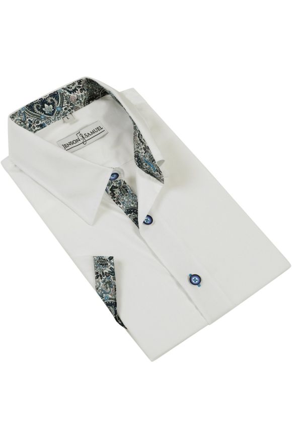 White with Blue Paisley Trim Short Sleeve Shirt