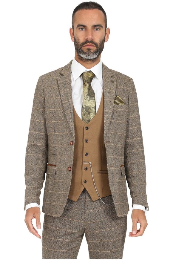 Marc Darcy Ted Tan Check Tweed Three Piece Suit with Contrast Kelvin Oak Waistcoat