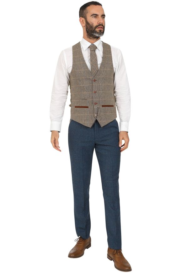 Marc Darcy Dion Blue Three Piece Tweed Suit with Contrasting Ted Single Breasted Waistcoat