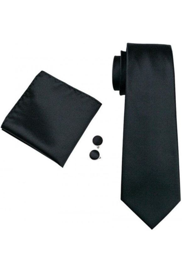  Mens Plain Black 100% silk pocket square, Cufflink and tie set