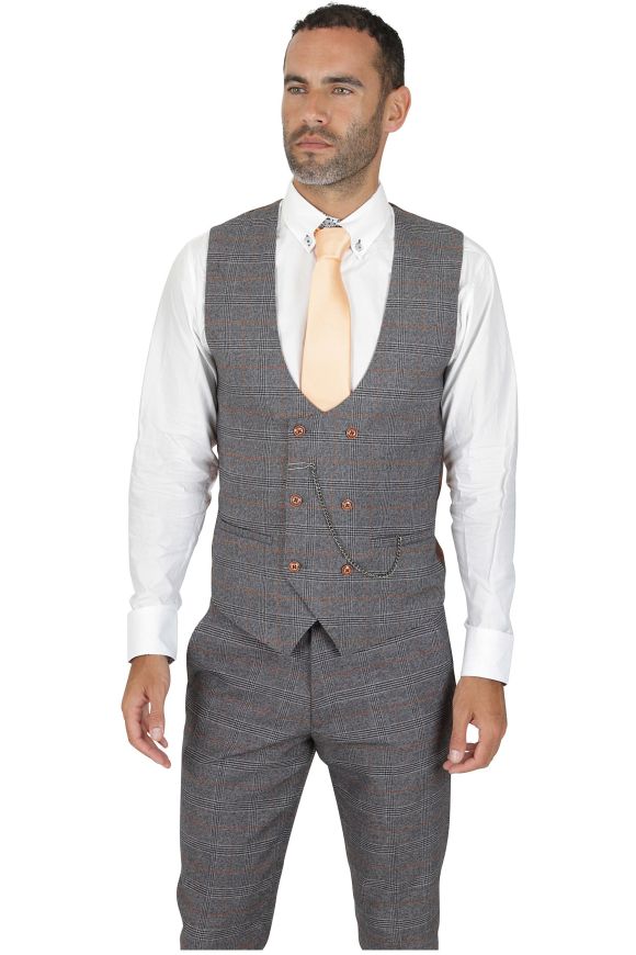 Marc Darcy Jenson Grey Tan Check Three Piece Suit