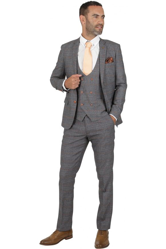 Marc Darcy Jenson Grey Tan Check Three Piece Suit
