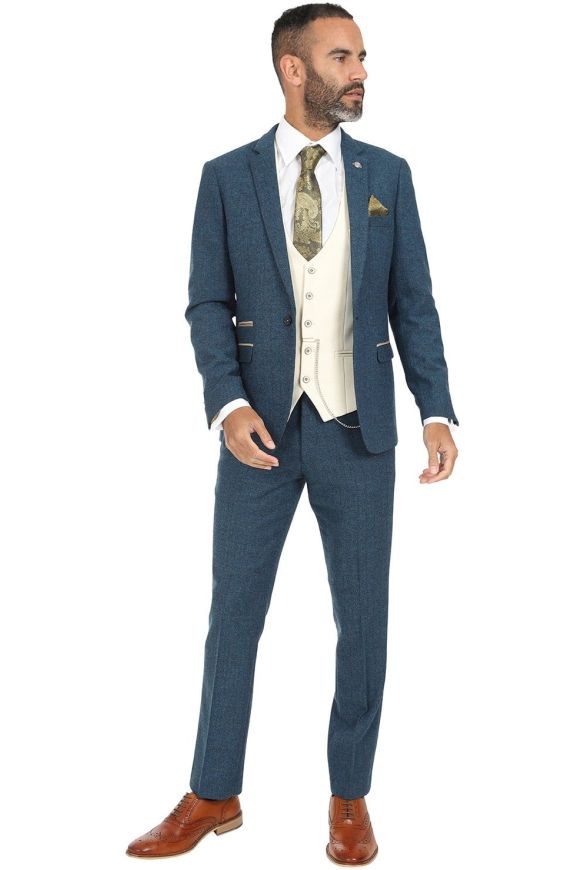 Marc Darcy Dion Blue Tweed Suit with Contrast Kelvin Cream Waistcoat