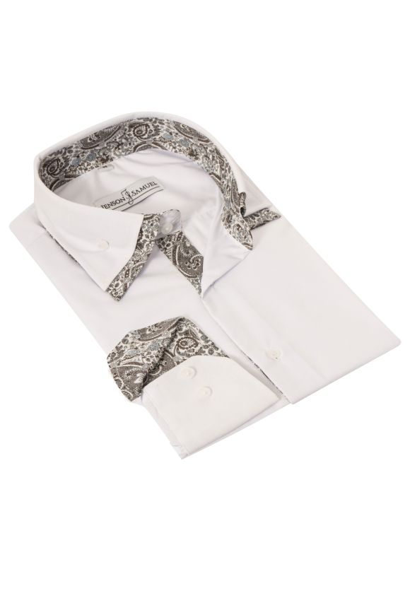 Plain White Regular Fit 100% Cotton Shirt with Paisley Double Collar